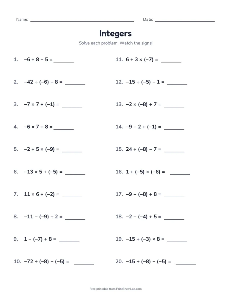 Mixed integer operations worksheet with answer key