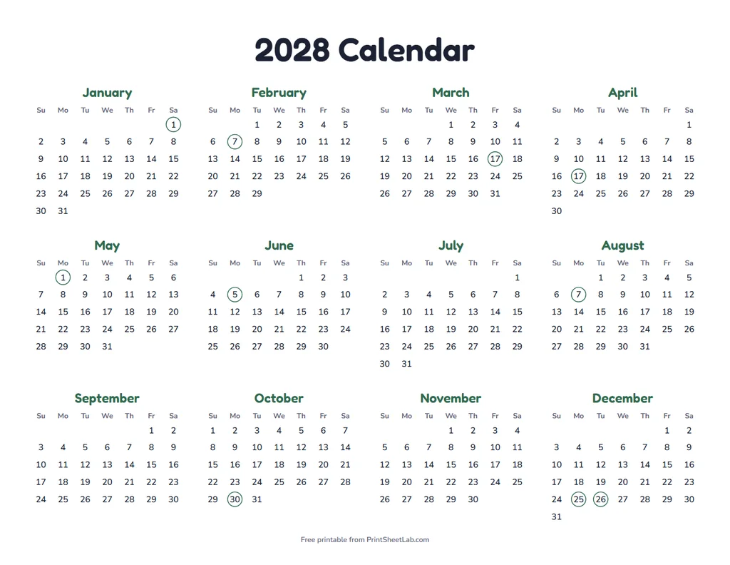 Ireland Public Holidays 2028 in the forest color theme