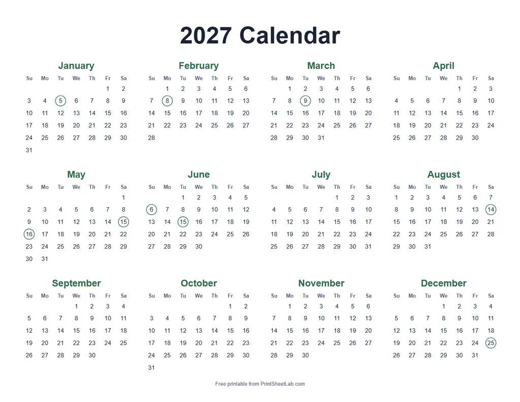 Islamic Holidays 2027 in the forest color theme