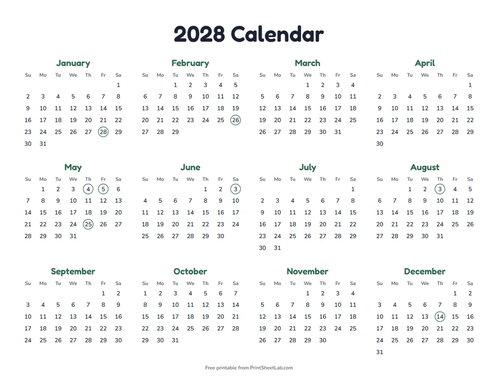 Islamic Holidays 2028 in the forest color theme