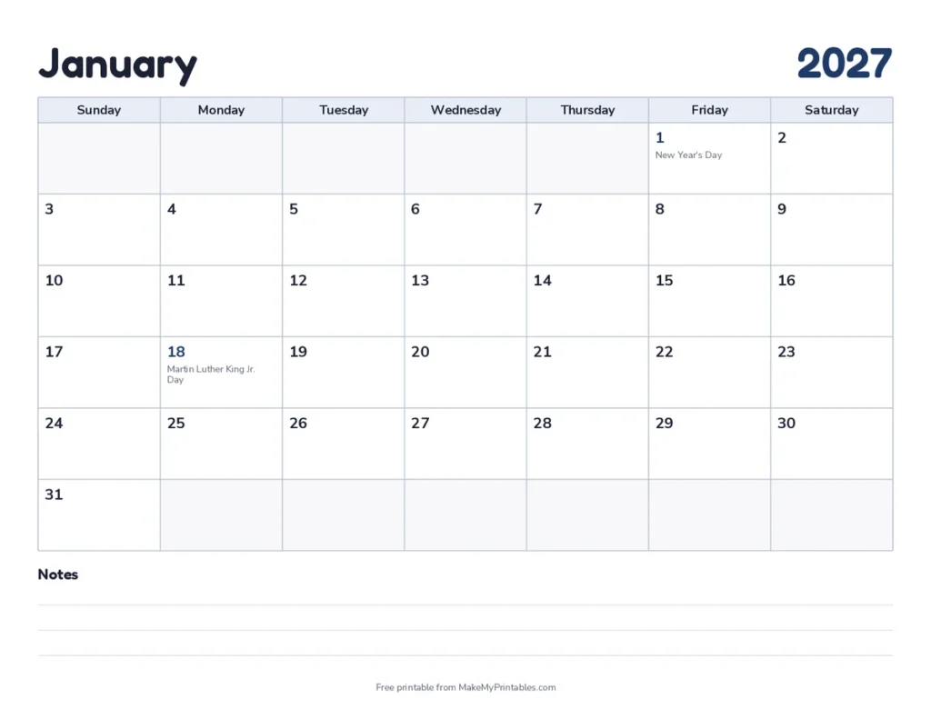 January 2027 calendar printable in the classic design with a navy color theme with New Year's Day and Martin Luther King Jr. Day marked