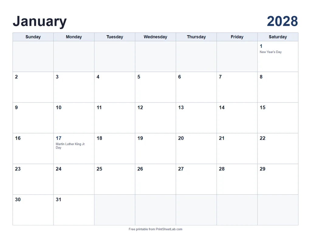 January 2028 calendar printable in the classic design with a navy color theme