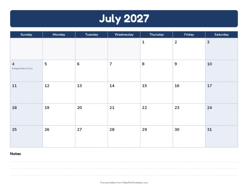 July 2027 calendar printable in the bold band design with a navy color theme with Independence Day marked