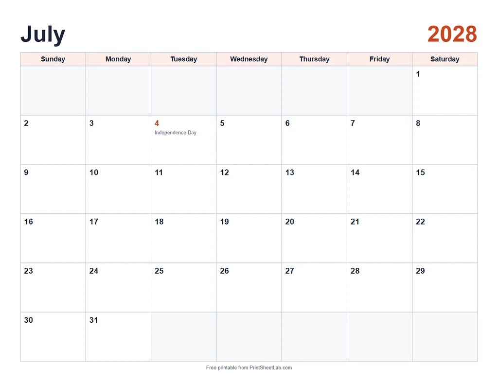 July 2028 calendar printable in the classic design with a tomato color theme