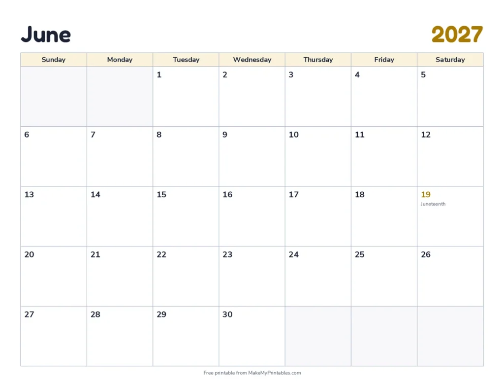 June 2027 calendar printable in the classic design with a mustard color theme with Juneteenth marked