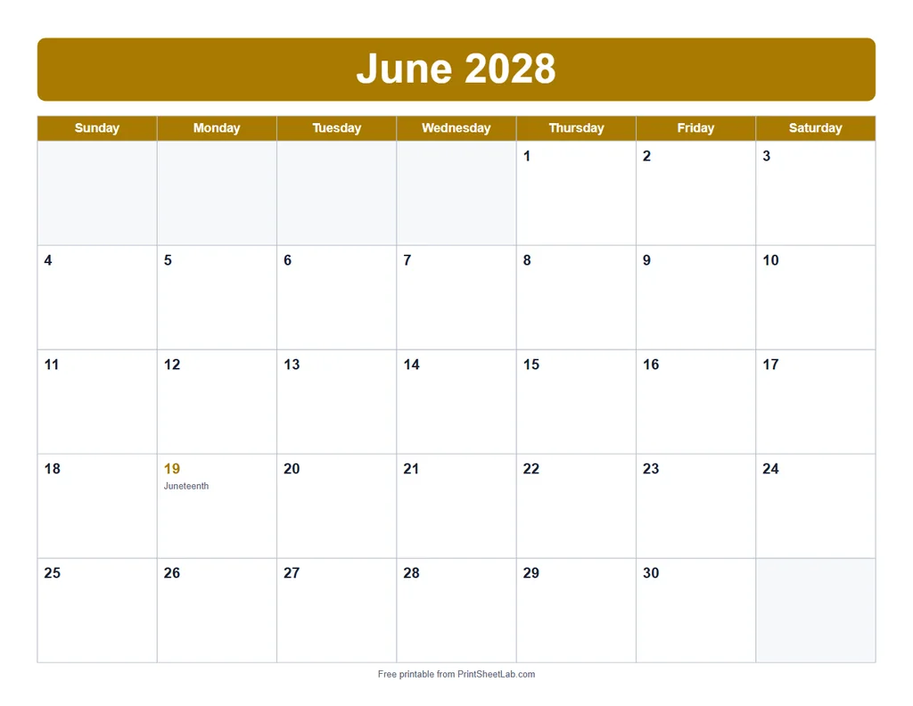 June 2028 calendar printable in the bold band design with a mustard color theme