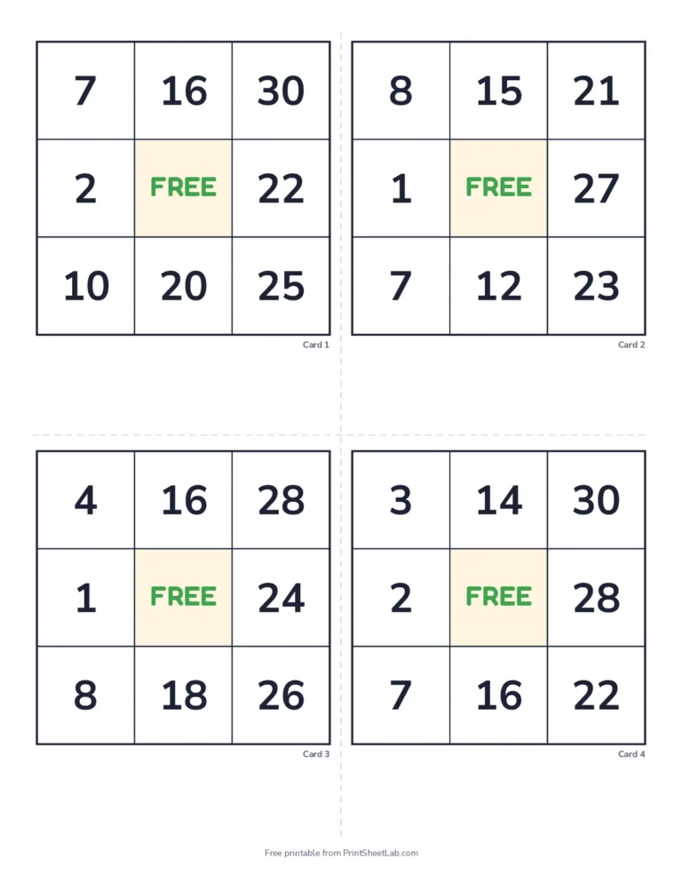 Twelve junior 1-30 number bingo cards on 3 by 3 grids for young children