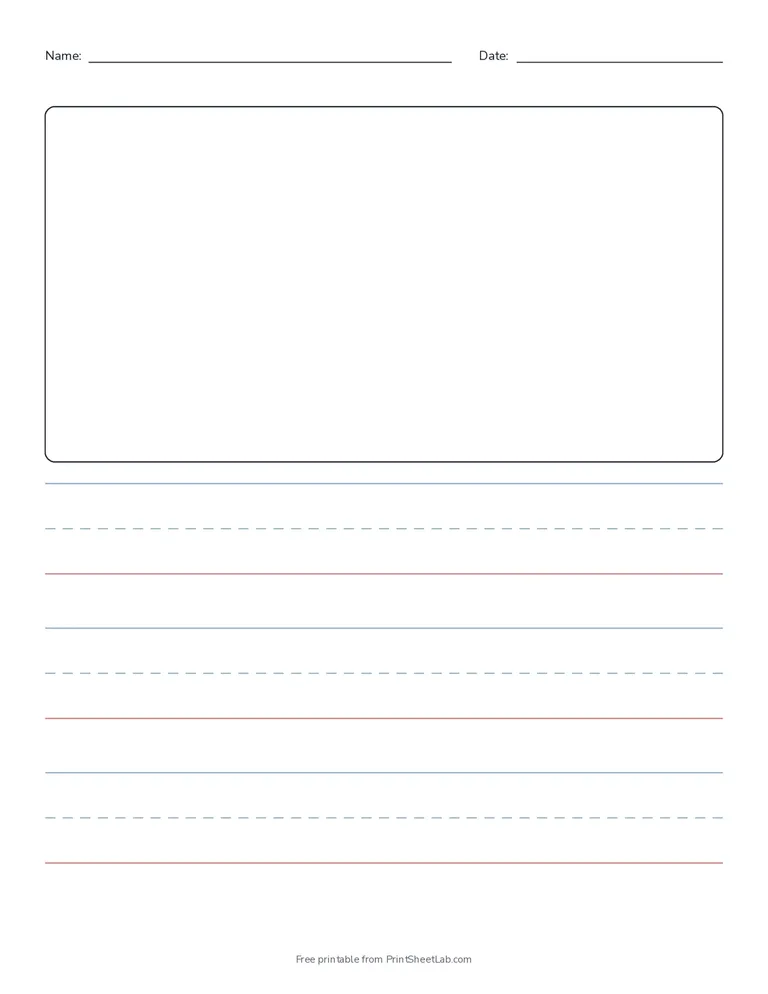 Kindergarten handwriting paper with a dashed midline