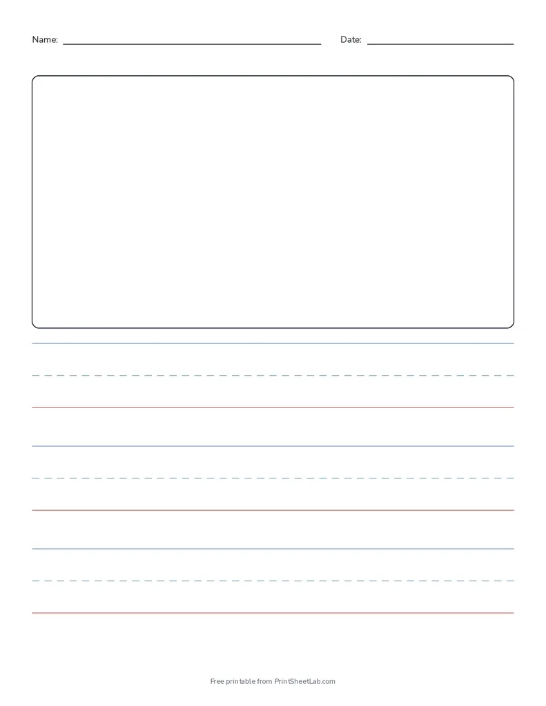 Handwriting paper for kindergarten with a drawing box, a name and date line, and three 1 inch writing rows with dashed midlines and red baselines