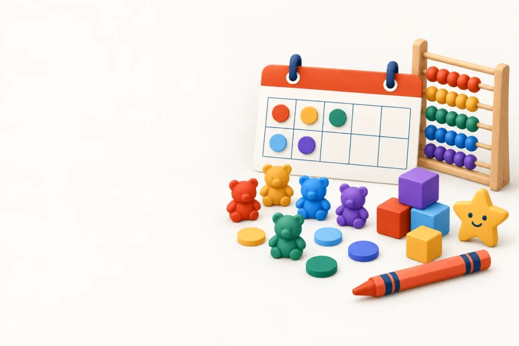 Kindergarten math worksheets illustration: counting bears, a ten frame with counters, an abacus, blocks and a crayon