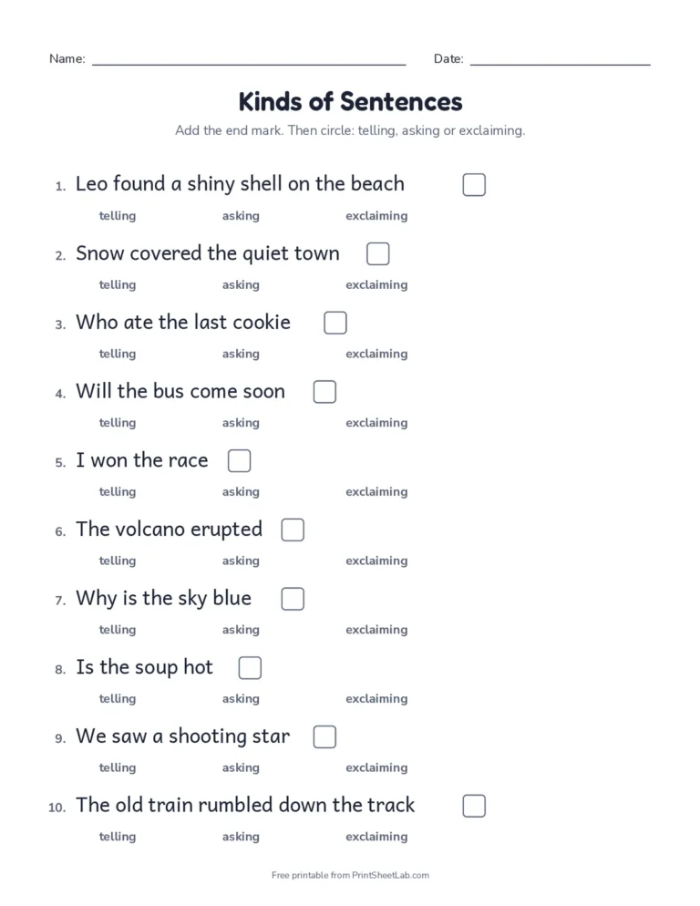 Kinds of sentences worksheet: add the end mark and circle telling, asking or exclaiming