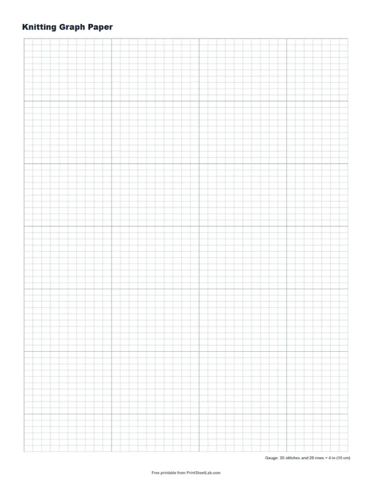 Knitting graph paper at 20 stitches and 28 rows per 4 inches