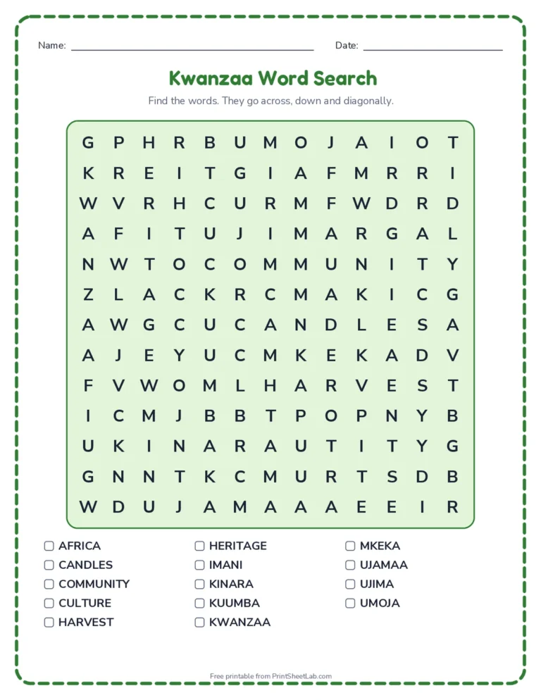 Kwanzaa activities for kids: word search with the seven principles, word scramble, bingo and greeting card