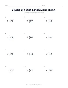 2-Digit by 1-Digit Long Division (Set A) printable worksheet for grades 3 and 4
