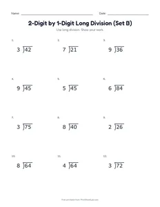 2-Digit by 1-Digit Long Division (Set B) printable worksheet for grades 3 and 4