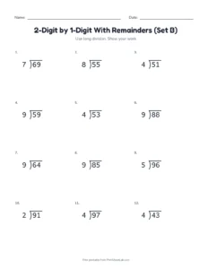 2-Digit by 1-Digit With Remainders (Set B) printable worksheet for grades 3 and 4