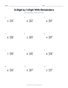 2-Digit by 1-Digit With Remainders printable worksheet for grades 3 and 4