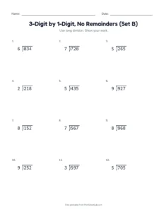 3-Digit by 1-Digit, No Remainders (Set B) printable worksheet for grade 4