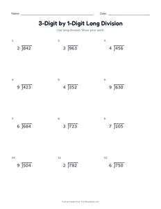3-Digit by 1-Digit Long Division printable worksheet for grade 4