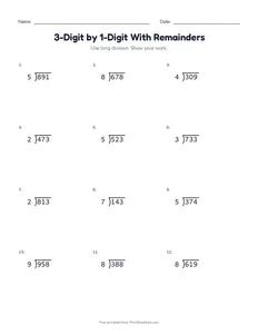 3-Digit by 1-Digit With Remainders printable worksheet for grade 4