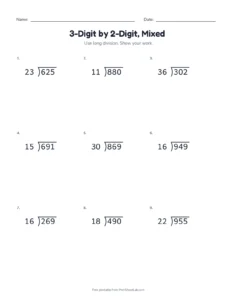 3-Digit by 2-Digit, Mixed printable worksheet for grade 5