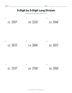 3-Digit by 2-Digit Long Division printable worksheet for grade 5