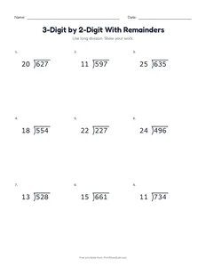 3-Digit by 2-Digit With Remainders printable worksheet for grade 5