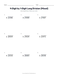 4-Digit by 1-Digit Long Division (Mixed) printable worksheet for grades 4 and 5