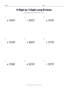 4-Digit by 1-Digit Long Division printable worksheet for grades 4 and 5