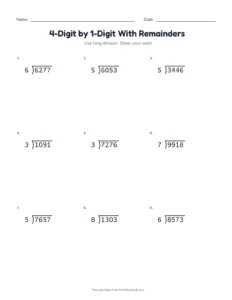 4-Digit by 1-Digit With Remainders printable worksheet for grades 4 and 5