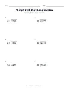 4-Digit by 2-Digit Long Division printable worksheet for grade 5