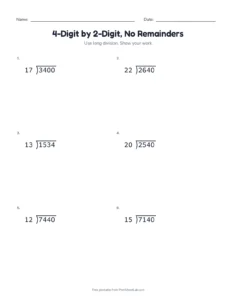 4-Digit by 2-Digit, No Remainders printable worksheet for grade 5
