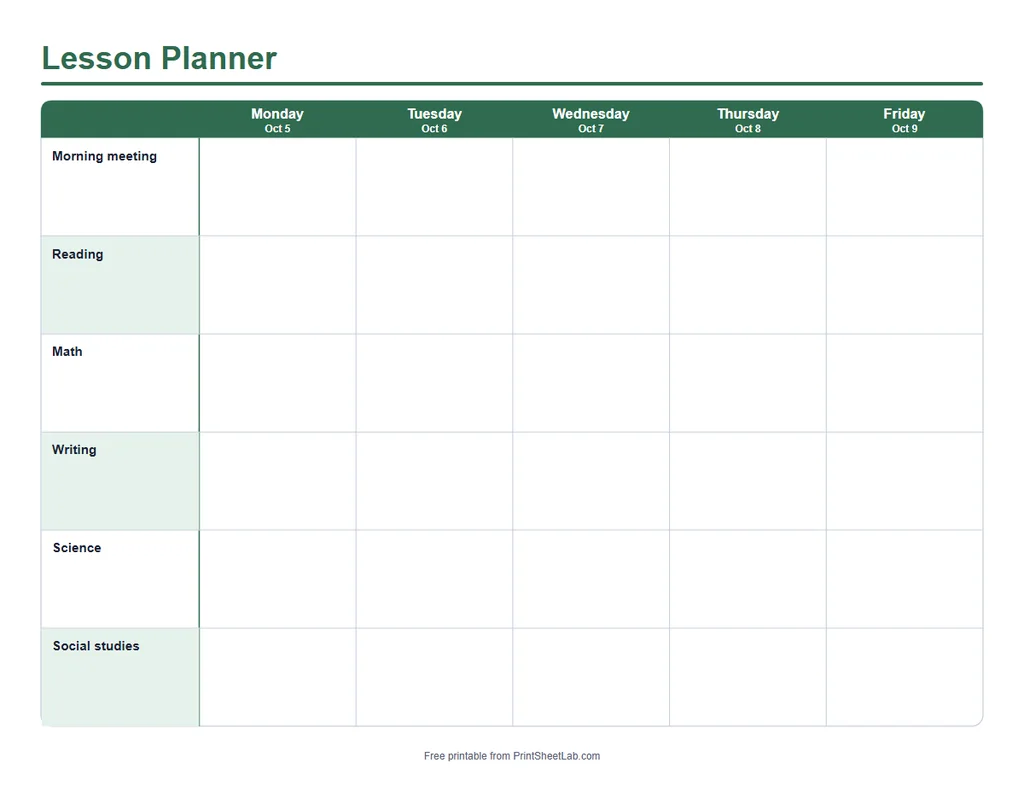 Lesson planner printable with subjects by weekday in the forest color theme
