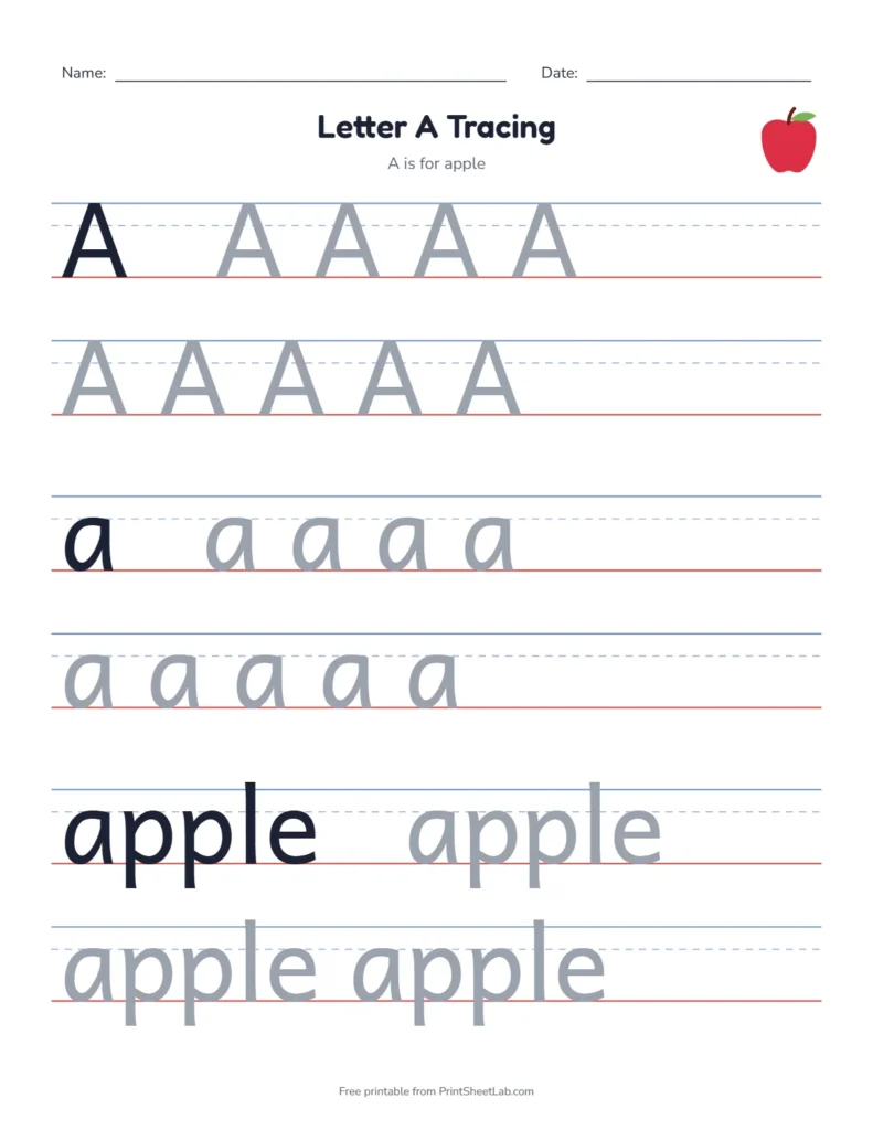 Letter A tracing worksheet with uppercase and lowercase A, picture words and handwriting lines
