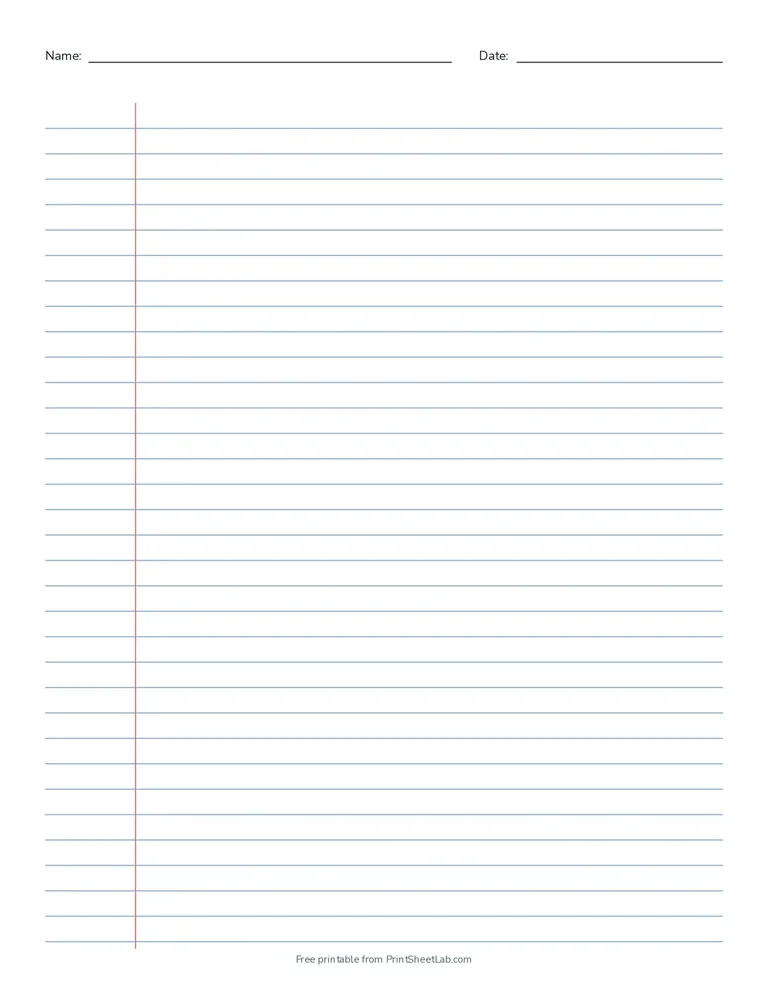 Lined paper generator output: college ruled printable paper with a red margin line