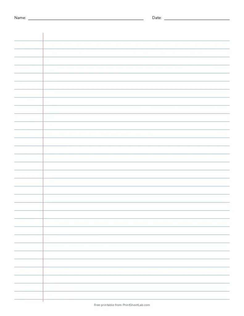Printable lined paper, college ruled with a red margin line and a name and date line, US Letter