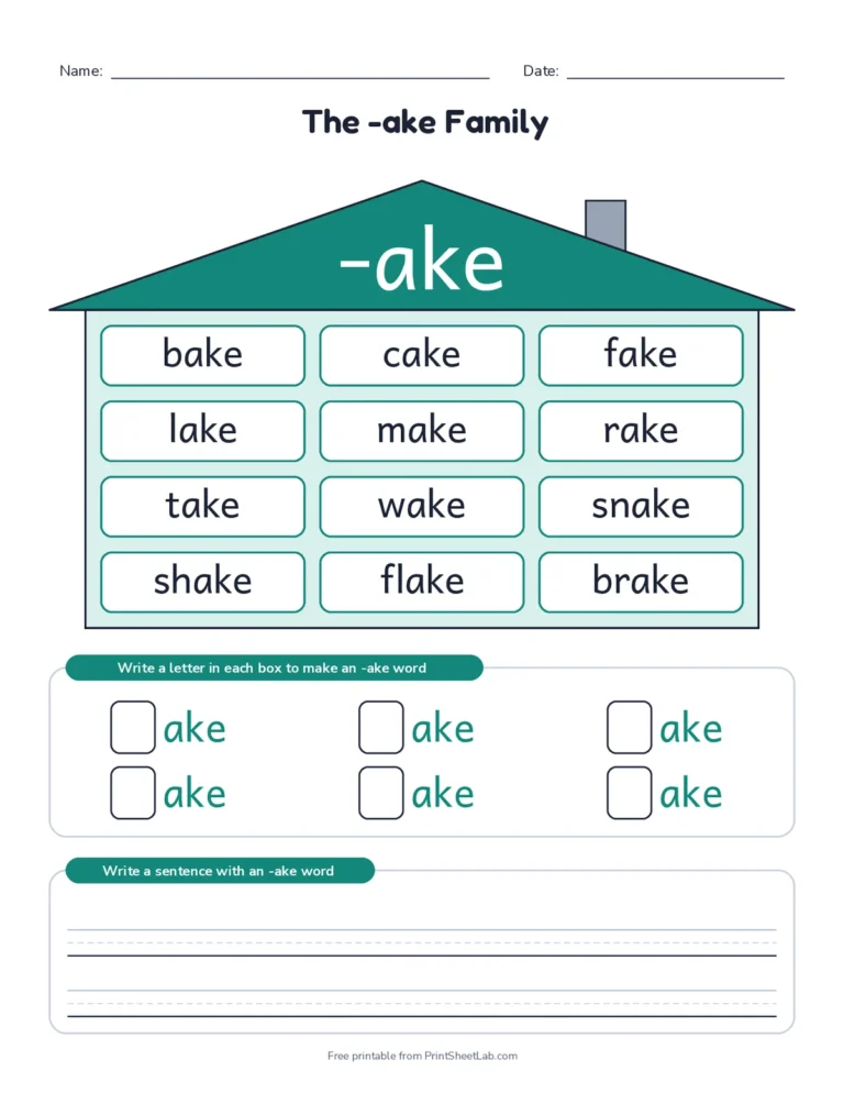 Word family houses for -ake, -ine, -ight, -ail, -ay, -eep, -ing and -ank including blend words