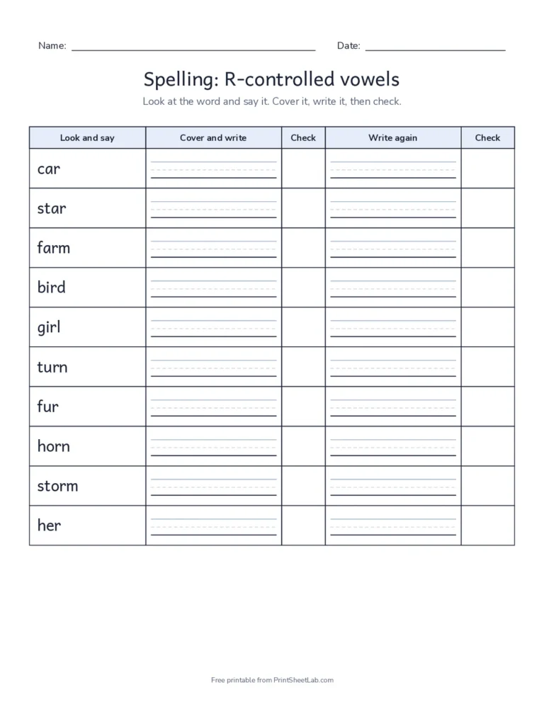 Look say cover write check spelling template with r-controlled vowel words