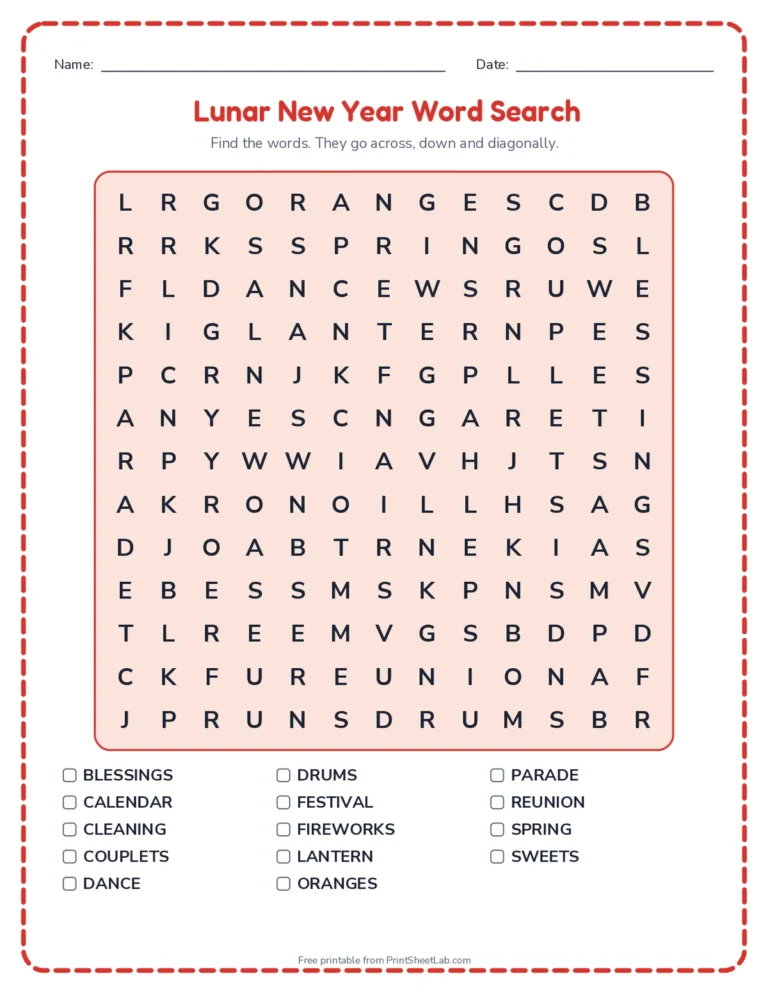 Lunar New Year worksheets: word search, word scramble, bingo, acrostic poem and greeting card
