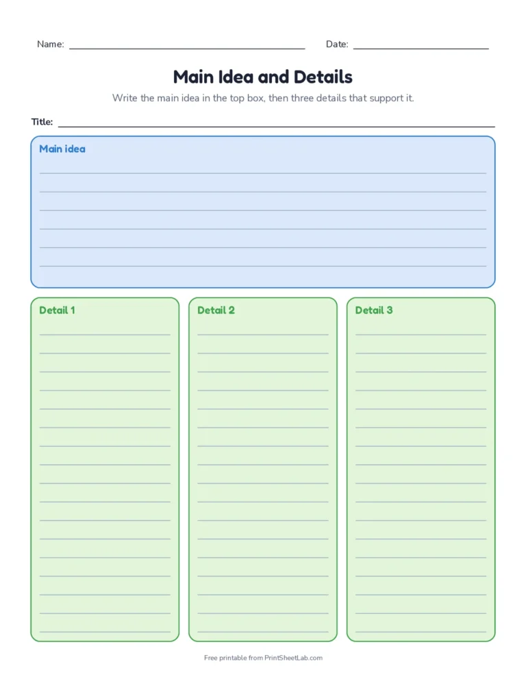 Main idea and details graphic organizer with three supporting detail boxes