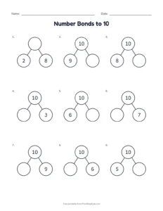 Number Bonds to 10 printable worksheet for kindergarten and grade 1