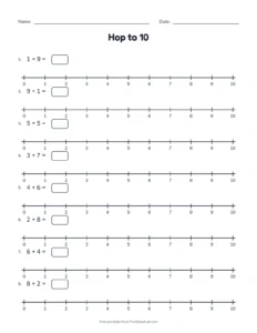 Hop to 10 printable worksheet for kindergarten and grade 1