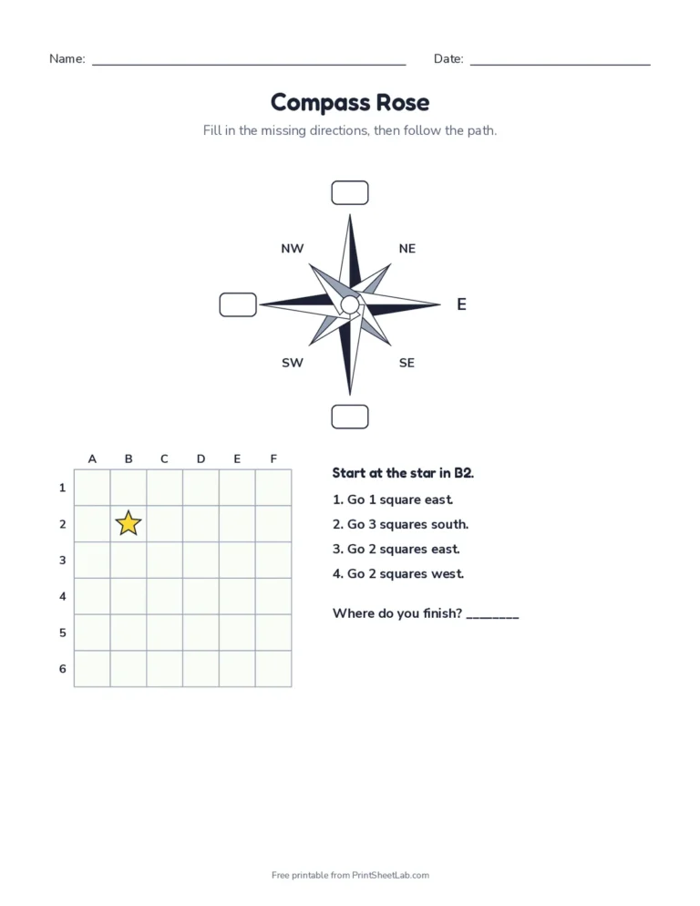 Compass rose and path worksheet with answer key
