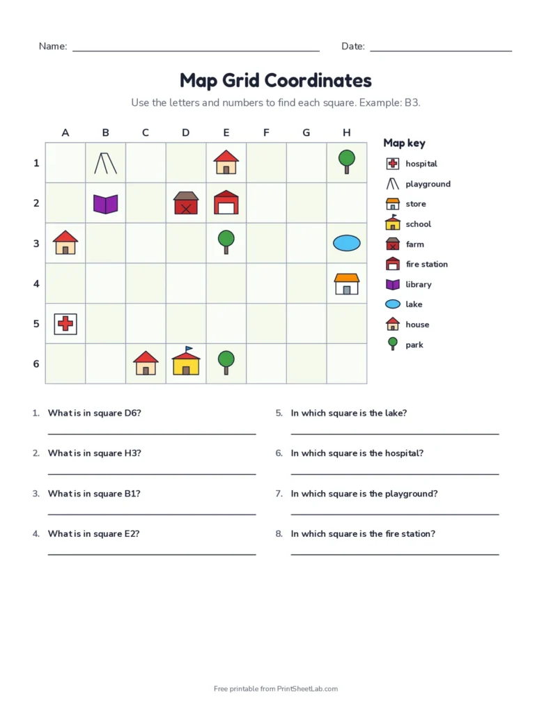 Map grid coordinates worksheet with answer key