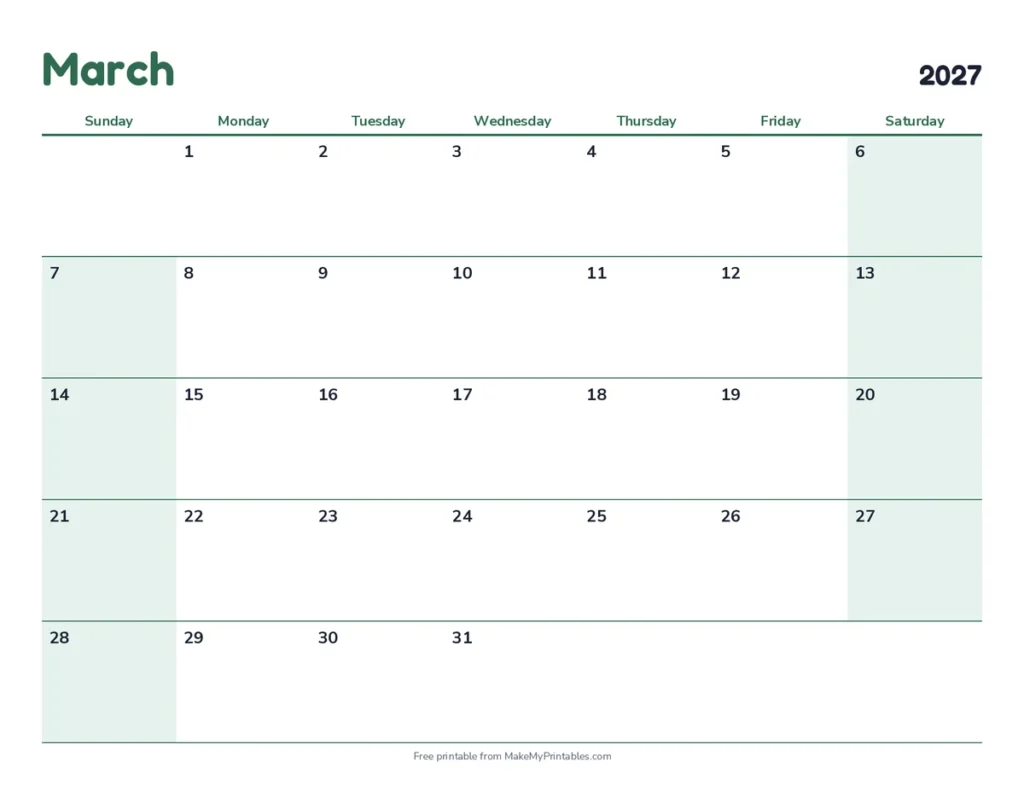 March 2027 calendar printable in the modern design with a forest color theme