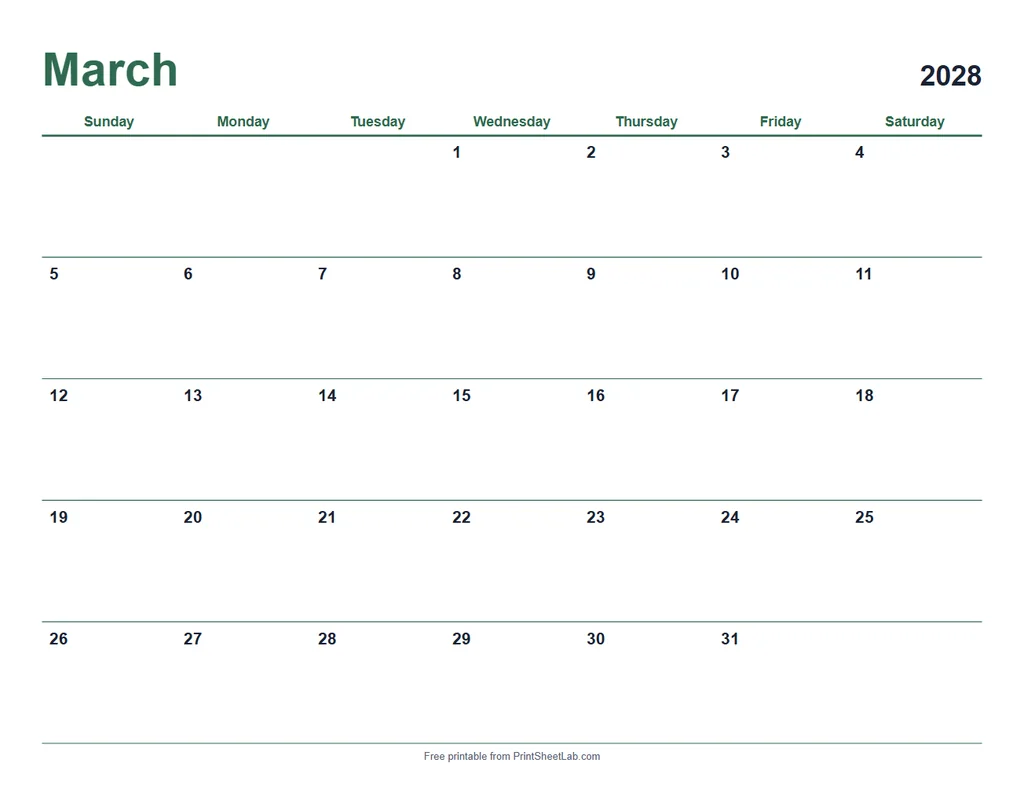 March 2028 calendar printable in the modern design with a forest color theme