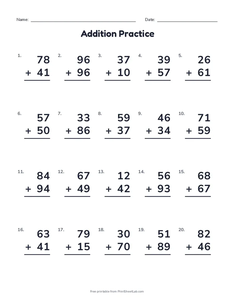 Free math worksheet generator example: 20 two-digit addition problems in neat columns with a name and date line