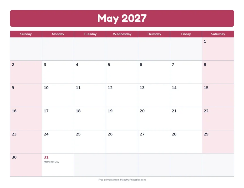 May 2027 calendar printable in the bold band design with a rose color theme with Memorial Day marked