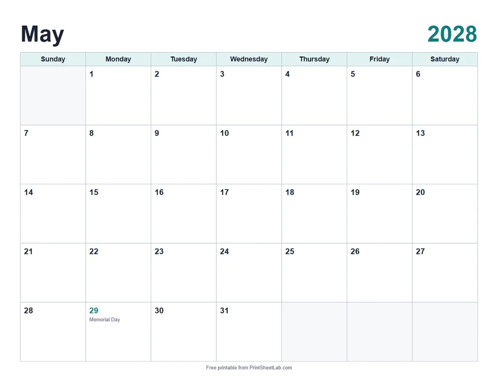 May 2028 calendar printable in the classic design with a teal color theme