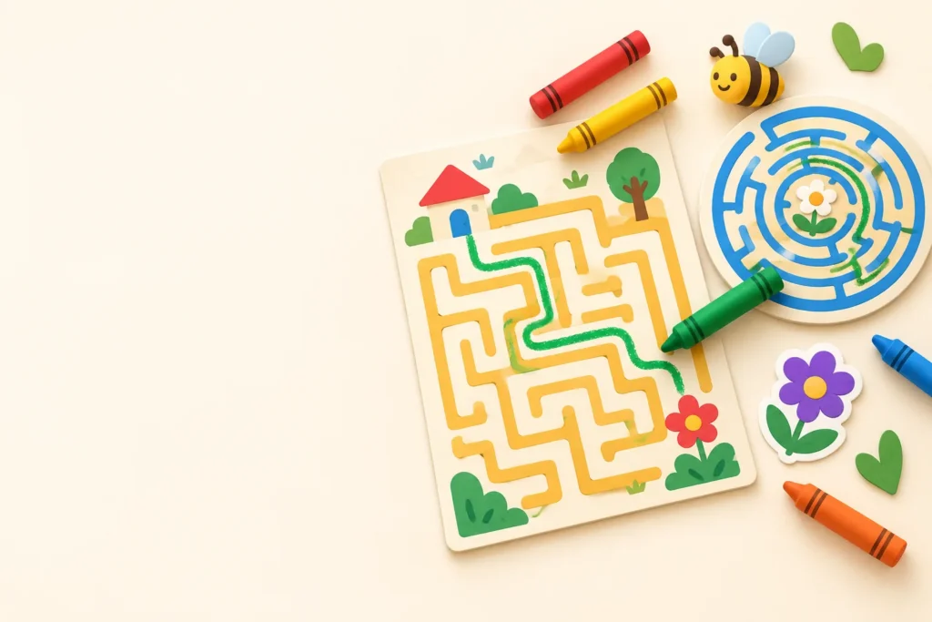 Illustration of a printed maze with a green crayon path, a round maze, a toy bee, crayons and a flower sticker